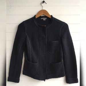 vince Tweed Navy Snap Front Jacket Patch Pocket Raw Edge Cuff Crew Neck Solid